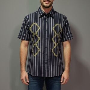 Platini Men's NWT Navy Blue Striped Short Sleeve Button Down Shirt Size Medium